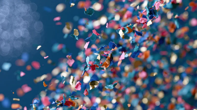Colorful confetti pieces falling midair against a dark blue background