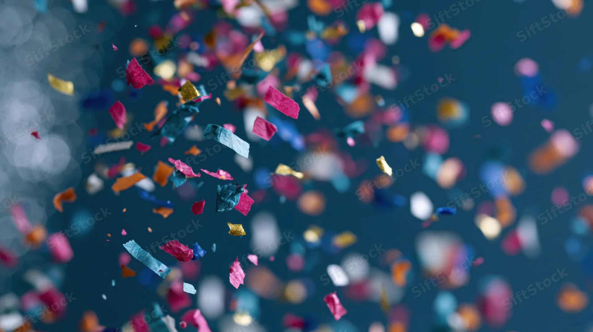 Colorful confetti pieces falling in mid-air against a dark blue background with bokeh lights