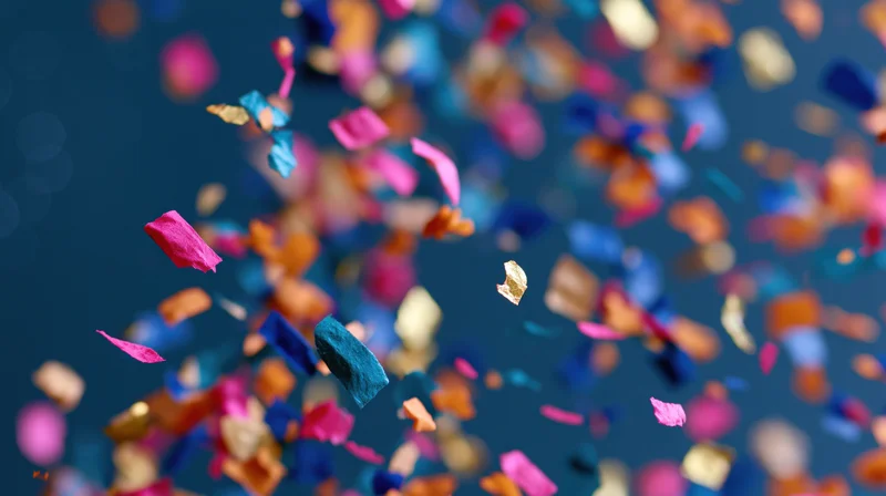 Colorful confetti pieces falling midair against a dark blue background