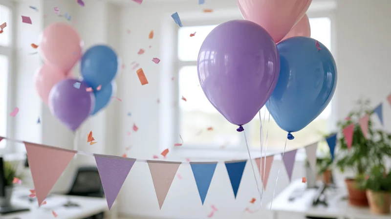 Colorful latex balloons floating with confetti and bunting in an office interior