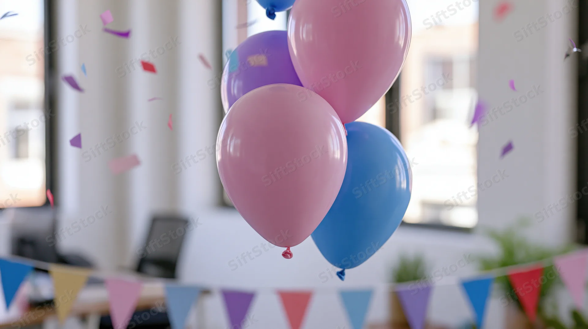 Colorful latex balloons floating in an office decorated with bunting and confetti