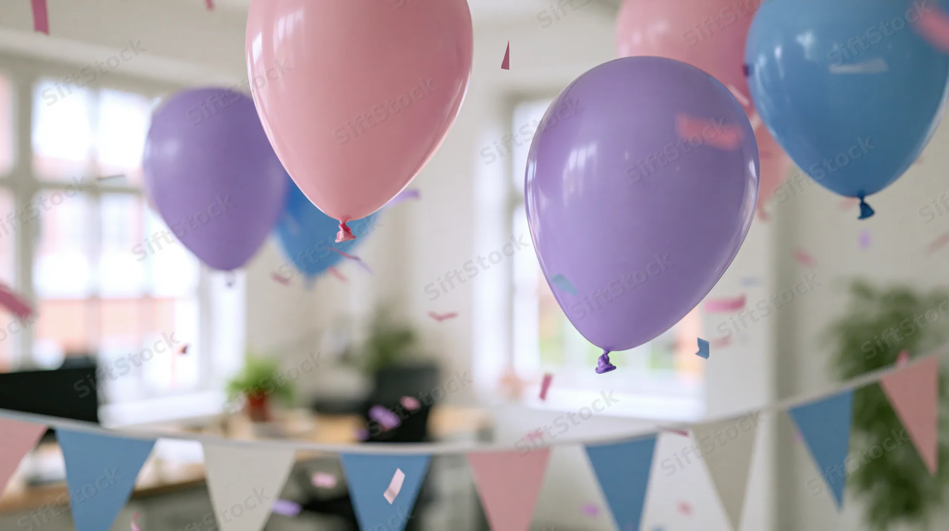 Colorful latex balloons floating with confetti and bunting in an office space