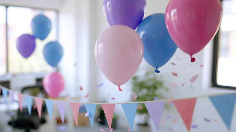 Colorful latex balloons floating above bunting in an office space with confetti drifting in the air