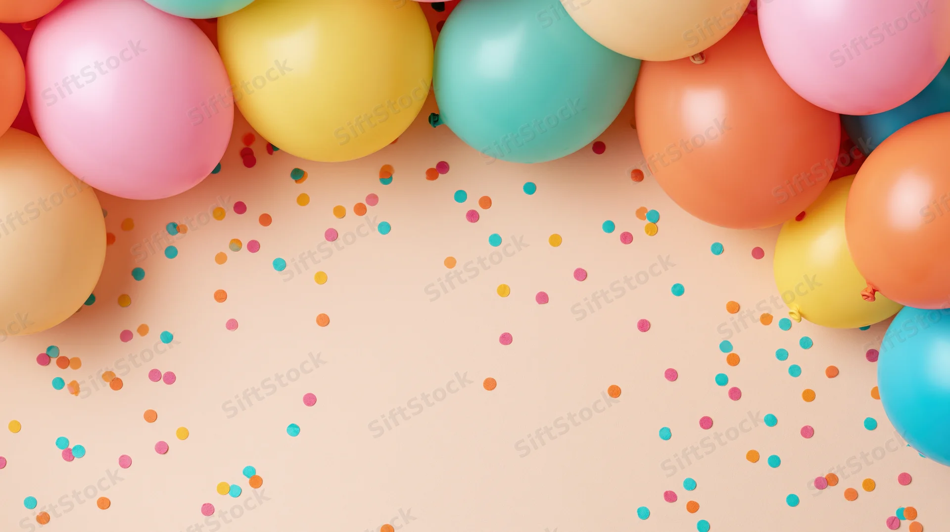 Colorful latex balloons and confetti arranged along the sides of a pastel surface with copyspace in the center