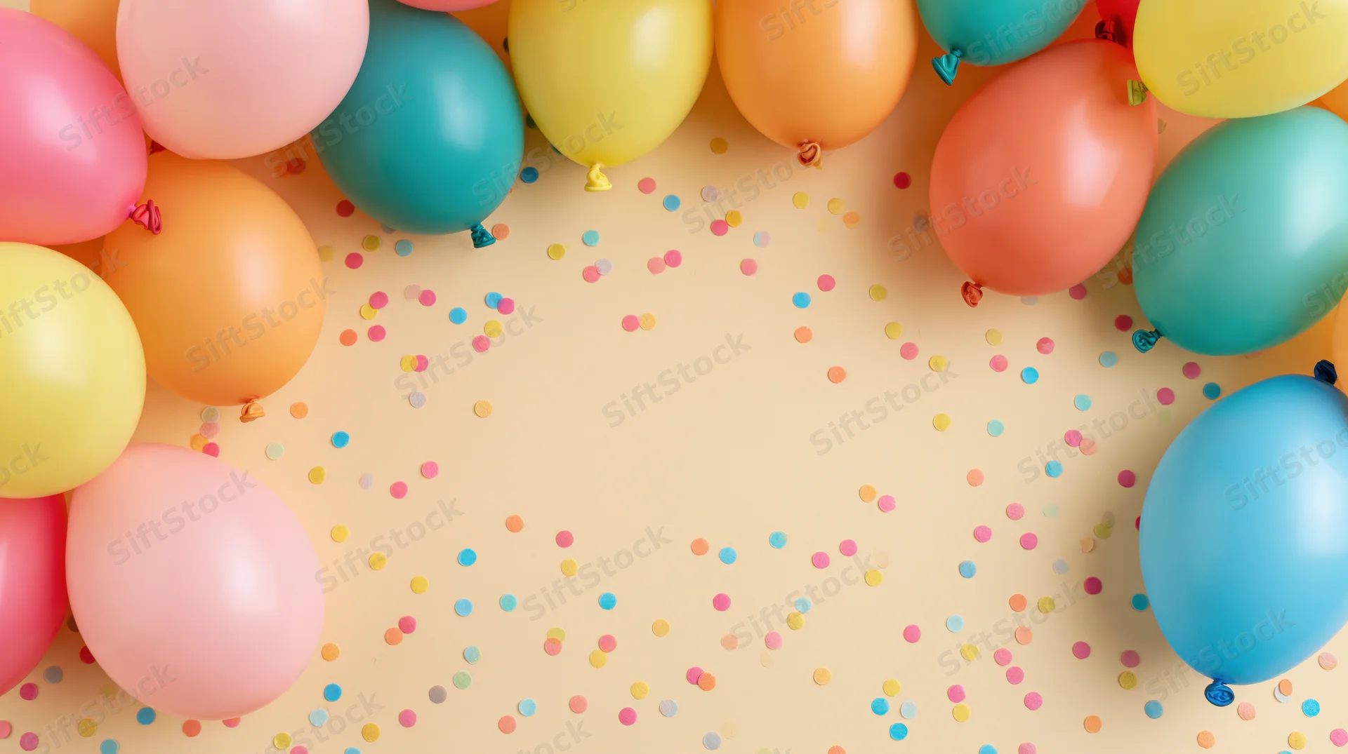 Colorful latex balloons and confetti arranged in a frame around a central copyspace on a light surface