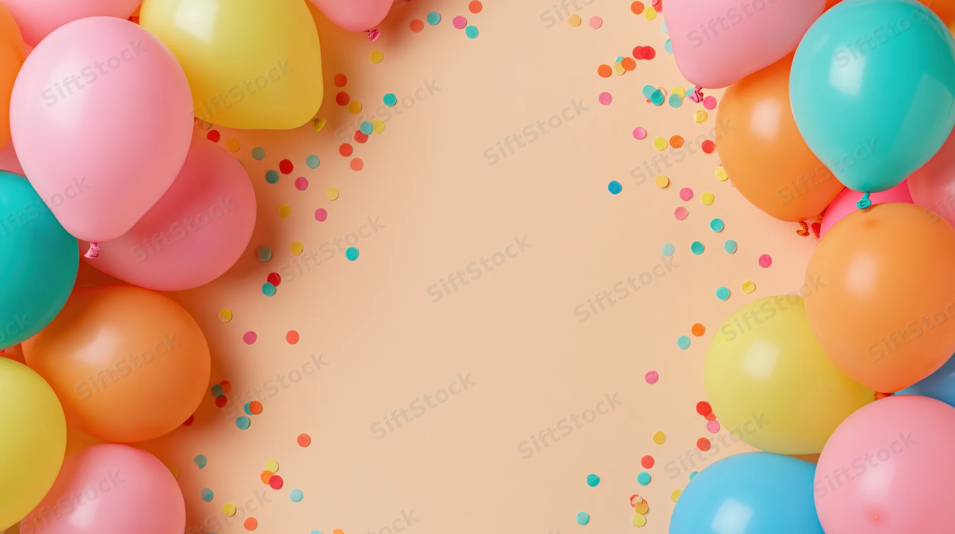 Colorful latex balloons and confetti arranged in a border frame on a peach background with copyspace