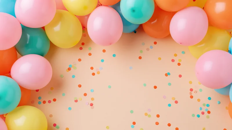 Colorful latex balloons clustered along both sides of a peach surface with scattered confetti, overhead view