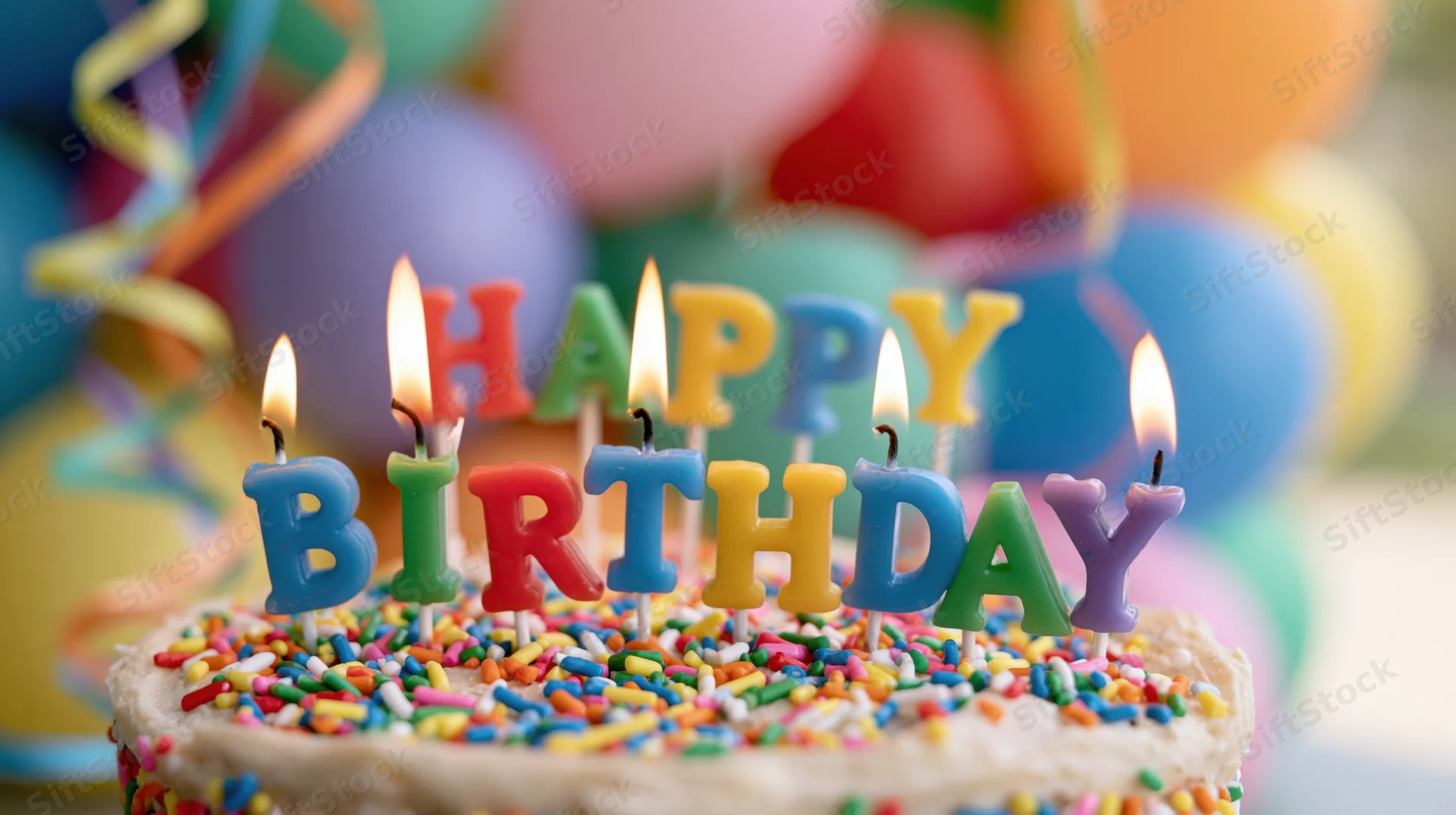Birthday cake with colorful letter candles spelling happy birthday, surrounded by balloons and streamers