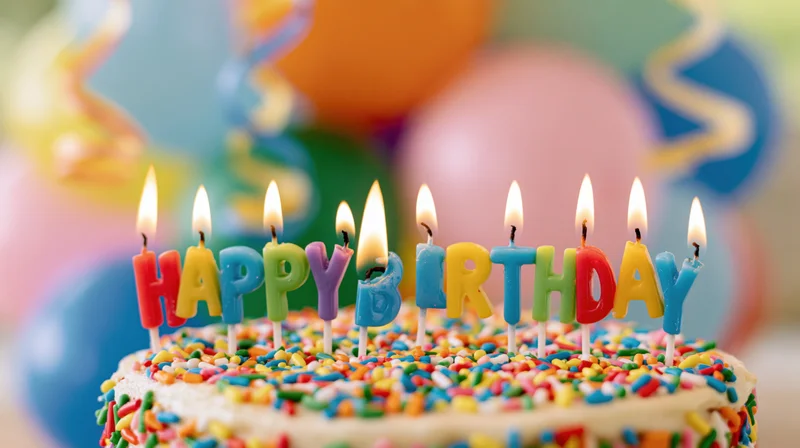 Birthday cake with colorful letter candles spelling happy birthday, covered in sprinkles, with balloons in background