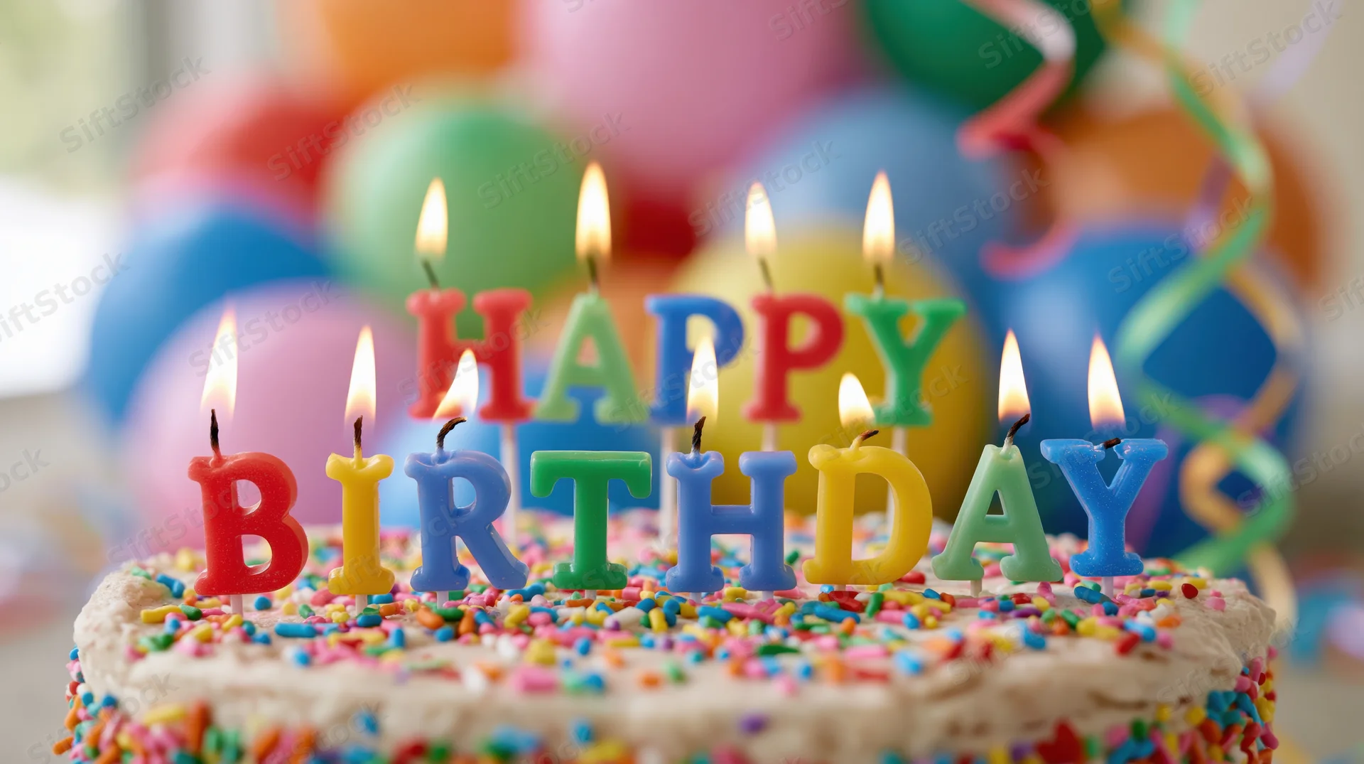 Birthday cake with lit letter candles spelling happy birthday, decorated with sprinkles, surrounded by balloons and streamers