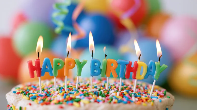 Birthday cake with lit letter candles spelling happy birthday, decorated with colorful sprinkles, balloons and streamers in background