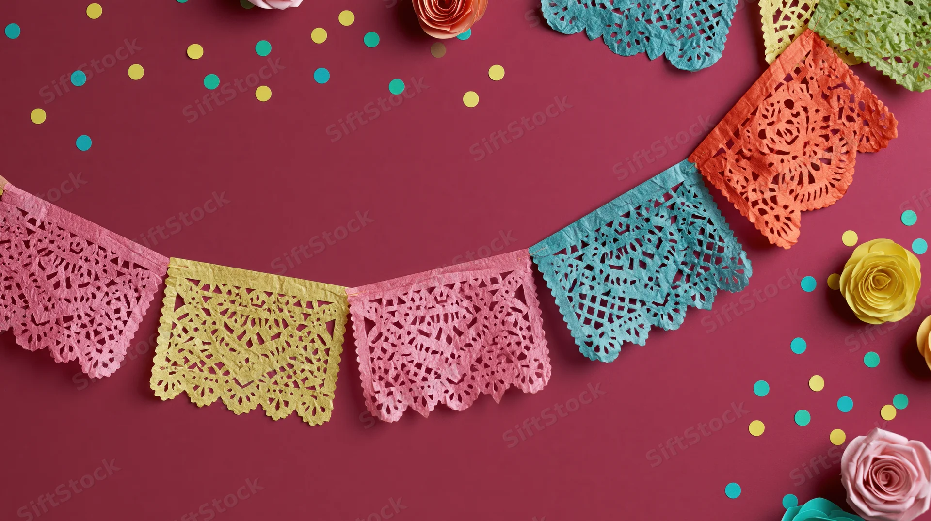 Colorful papel picado banner flags arranged in an arc with confetti and paper roses on a red background