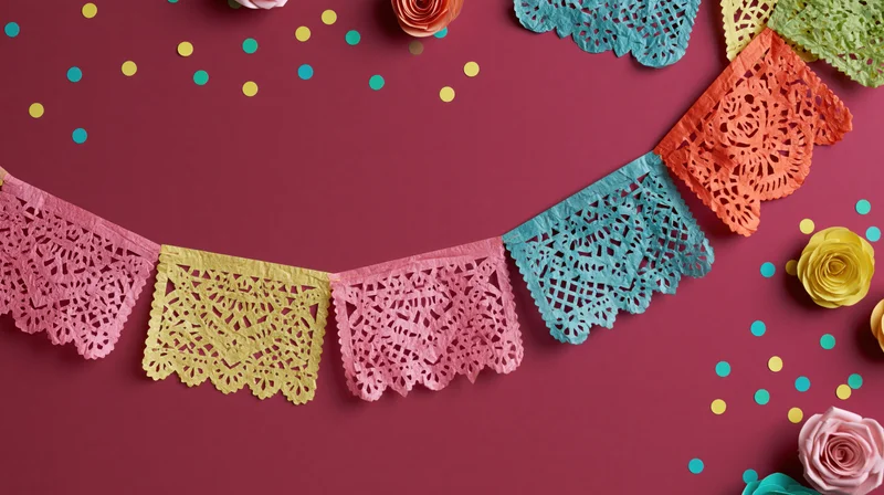 Colorful papel picado banner flags arranged in an arc with confetti and paper roses on a red background