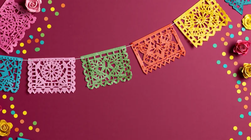 Colorful papel picado banner flags strung in an arc with confetti and roses on a maroon background