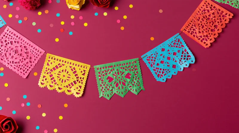 Colorful papel picado banner flags strung in an arc against a red background with confetti and roses