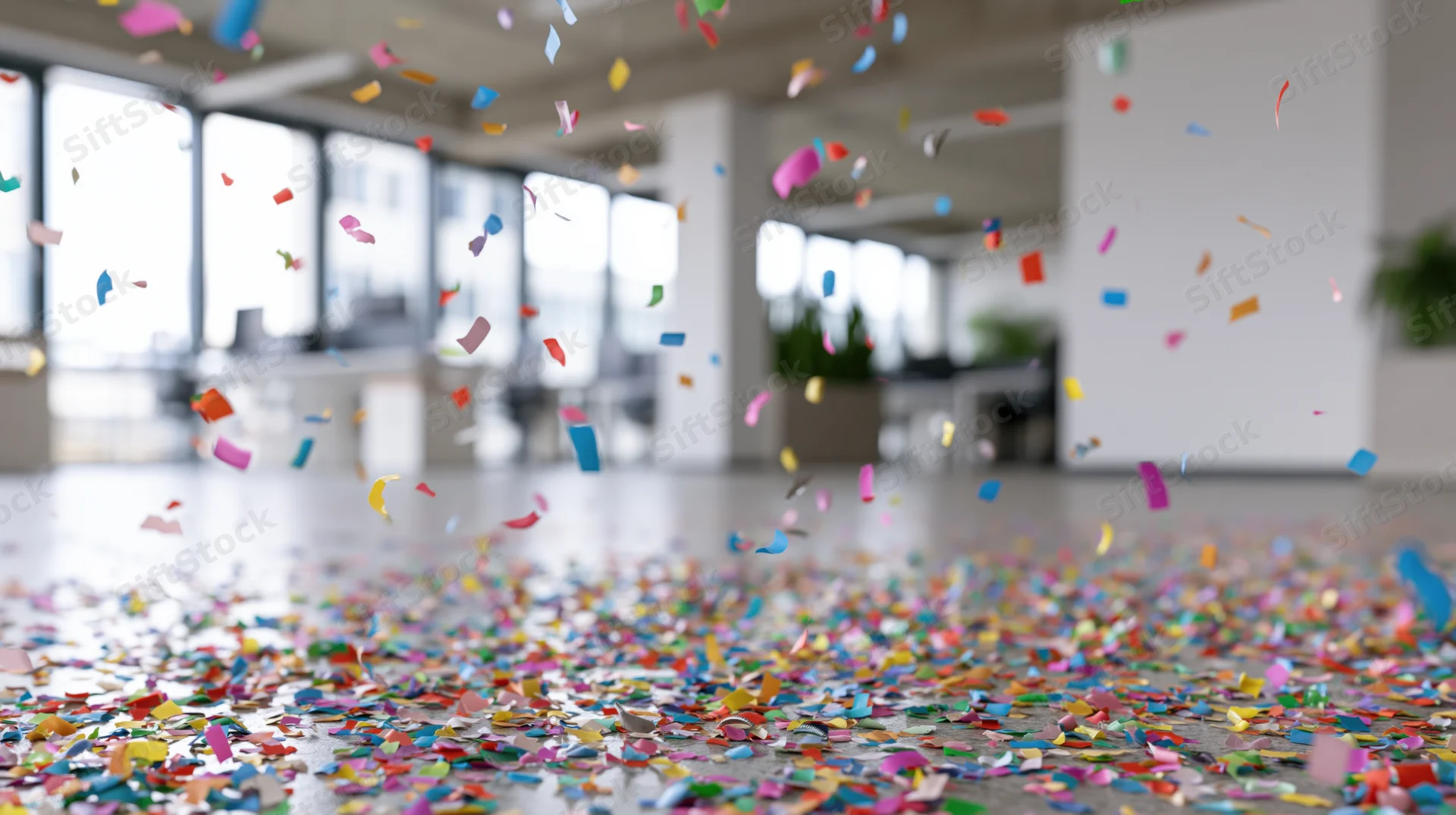 Colorful paper confetti falling and scattered across the floor of a modern office interior