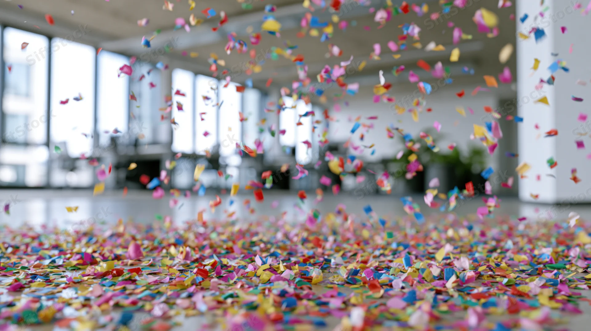 Colorful paper confetti falling and scattered across a modern office floor