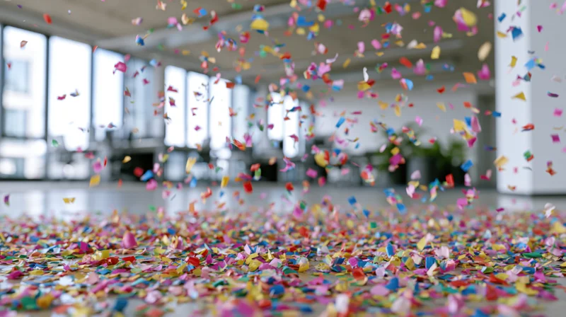 Colorful paper confetti falling and scattered across a modern office floor