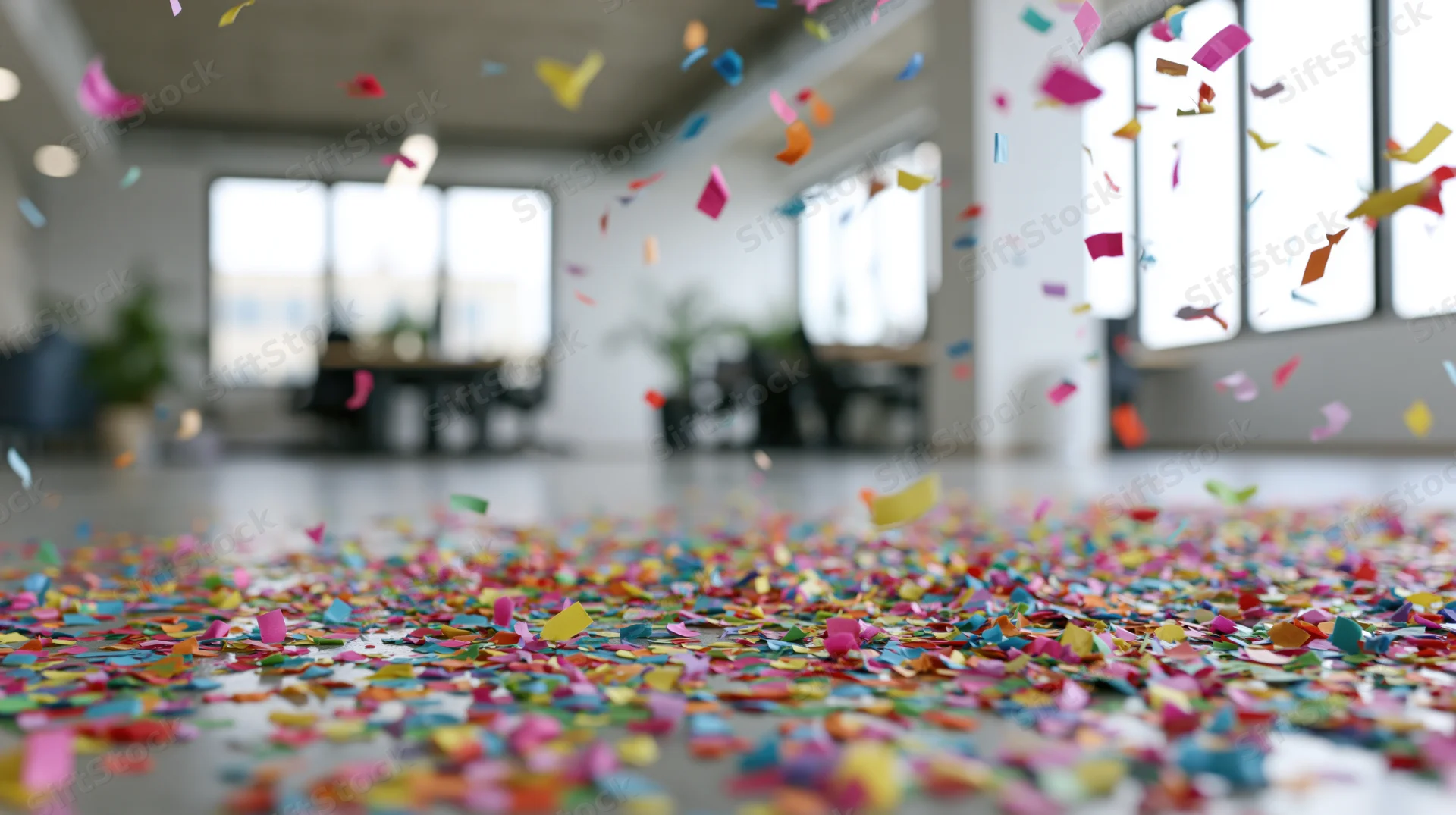 Colorful paper confetti falling and scattered across a modern office floor near large windows