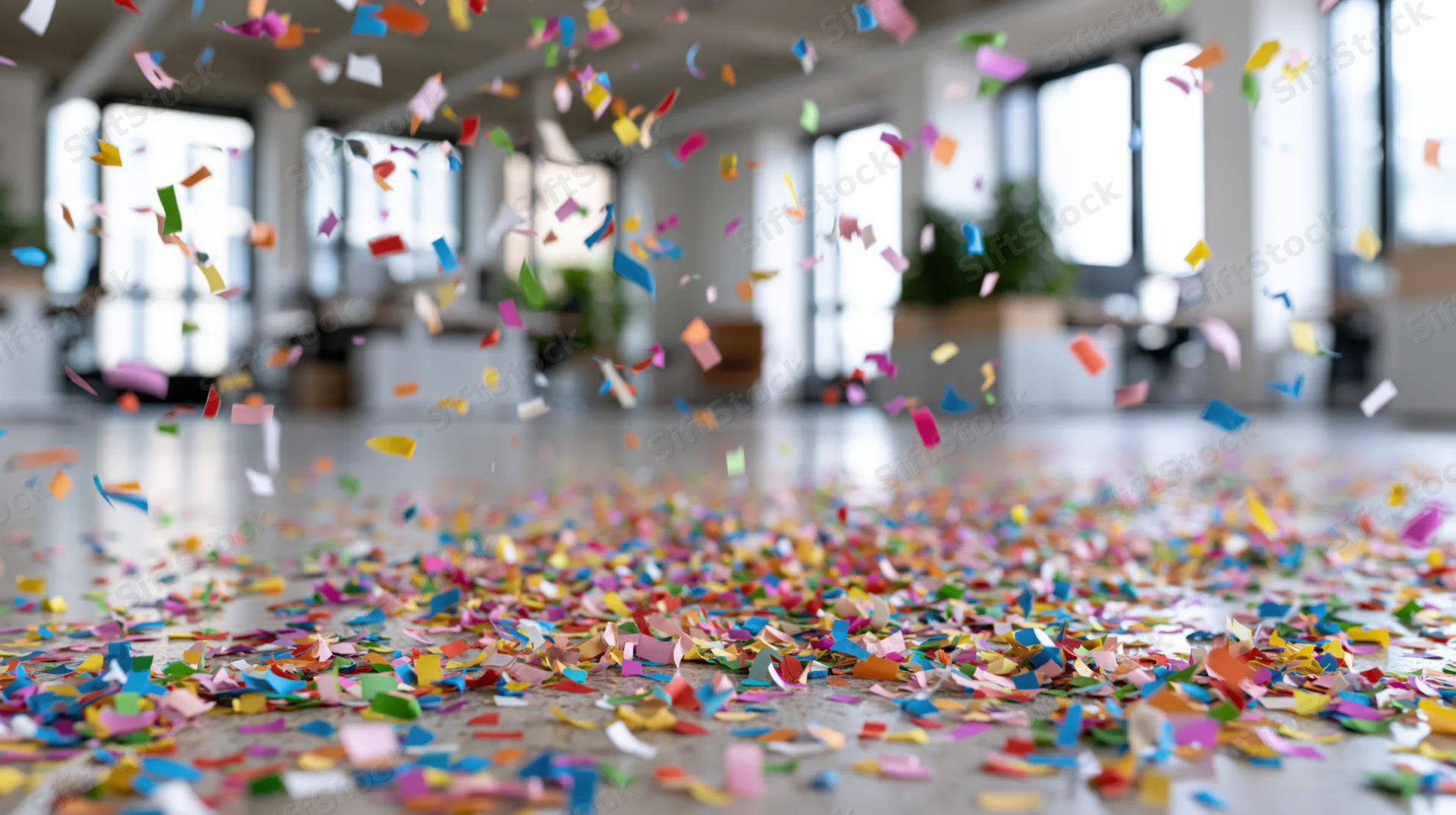Colorful paper confetti falling and scattered across a modern office floor