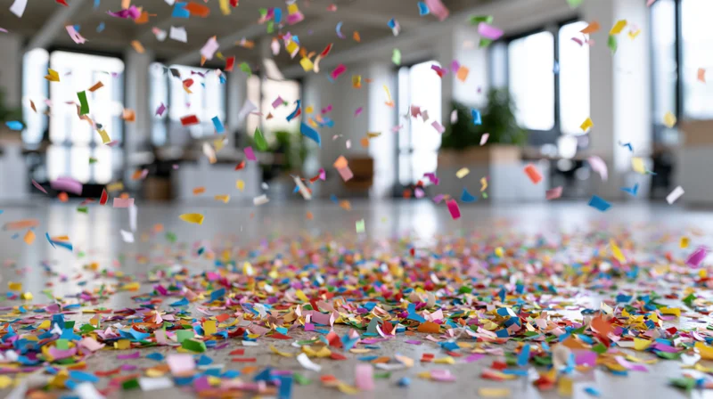 Colorful paper confetti falling and scattered across a modern office floor