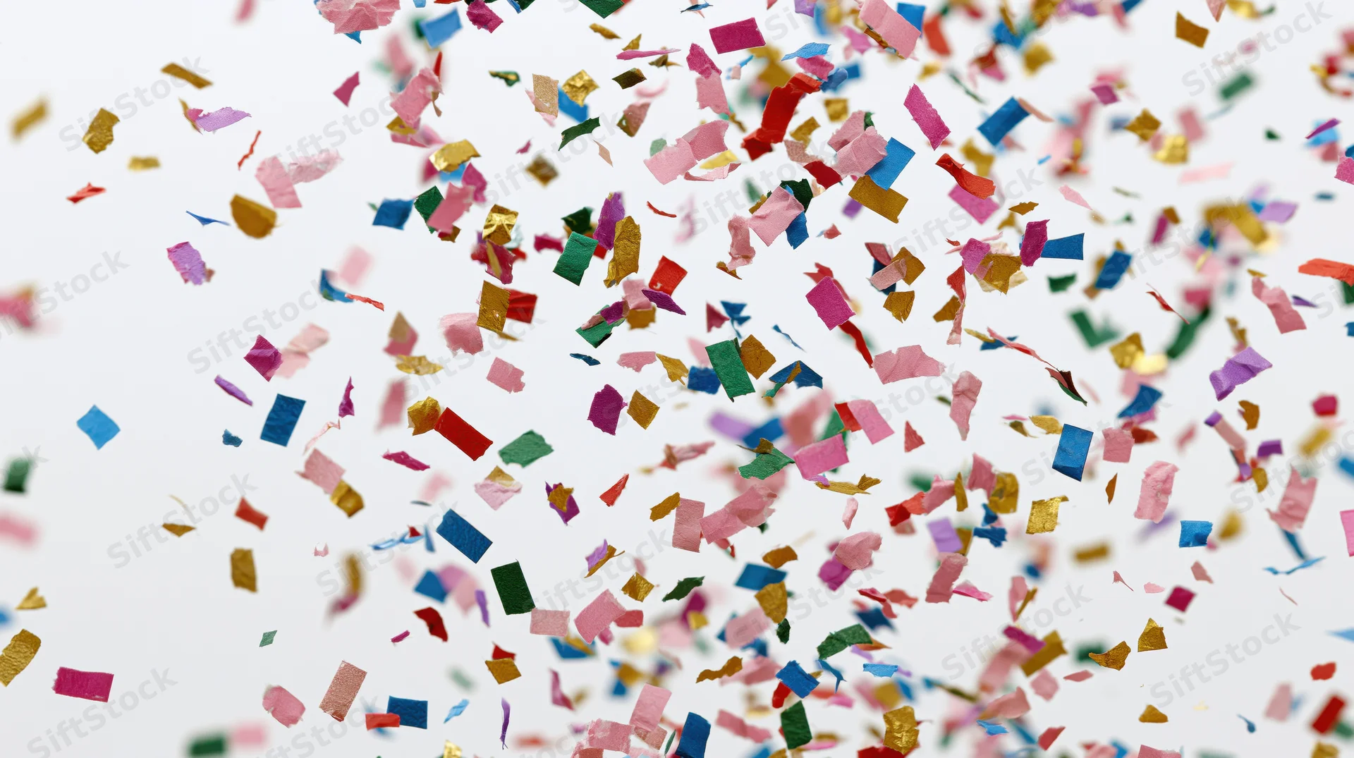 Colorful paper confetti pieces falling and floating mid-air against a white background