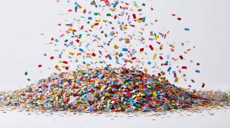 Colorful paper confetti pieces falling and scattering mid-air over a pile on a white surface