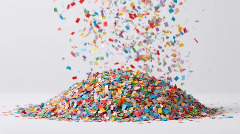 Colorful paper confetti pieces falling and scattering mid-air on a white surface