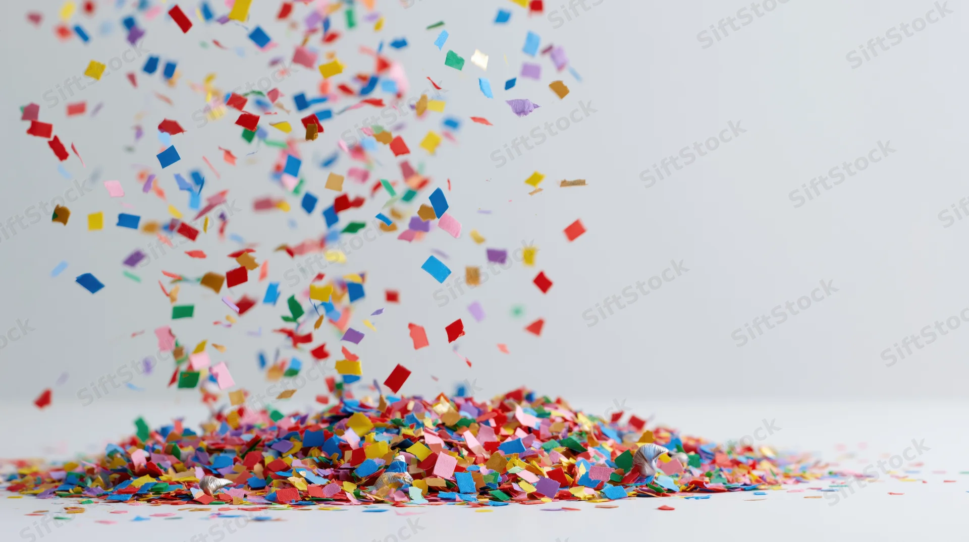 Colorful paper confetti falling and scattering mid-air onto a pile on a white surface