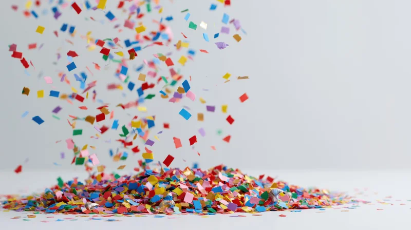 Colorful paper confetti falling and scattering mid-air onto a pile on a white surface