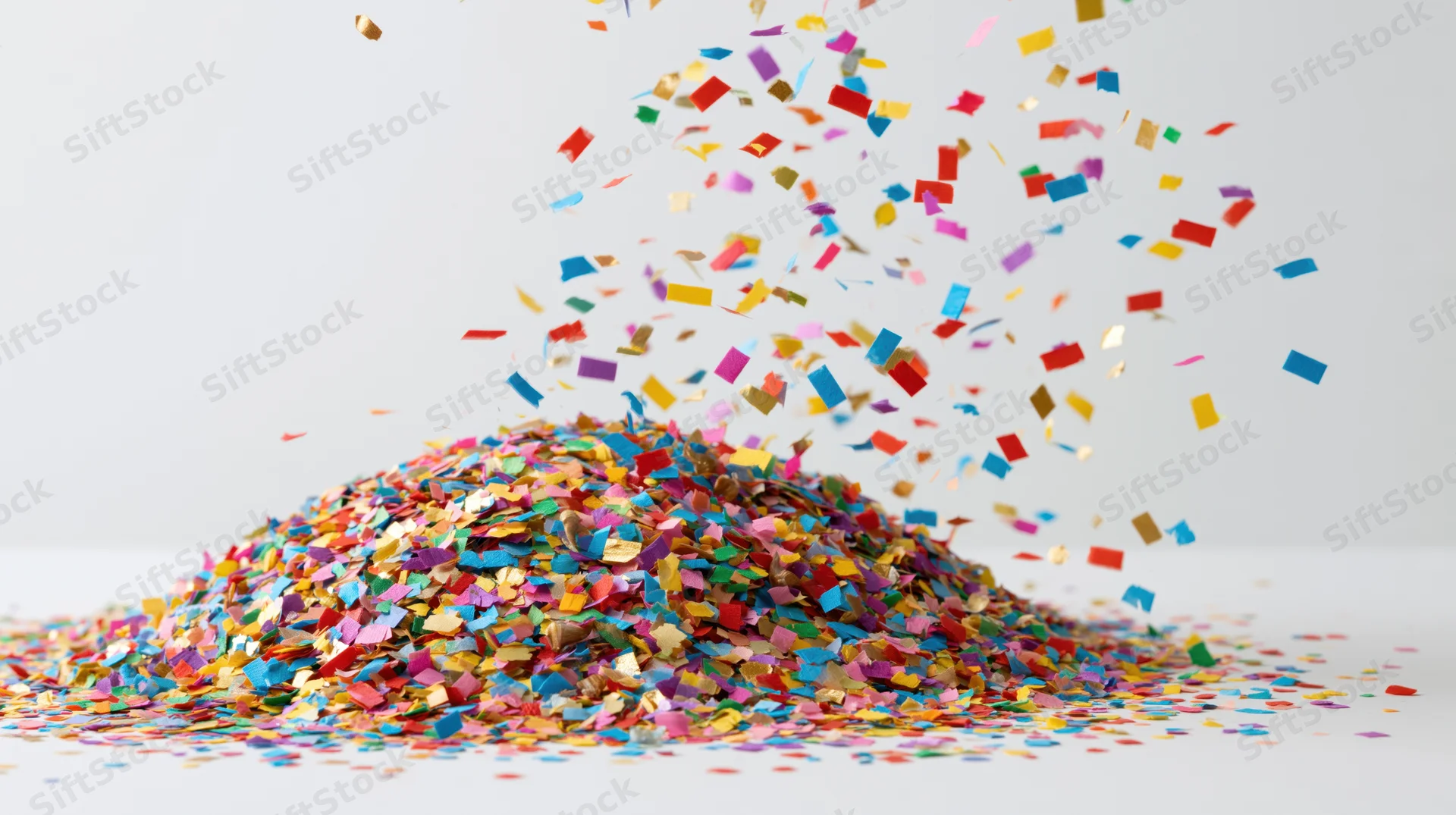 Colorful paper confetti pieces falling and scattering mid-air on a white surface