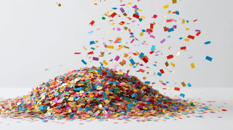Colorful paper confetti pieces falling and scattering mid-air on a white surface