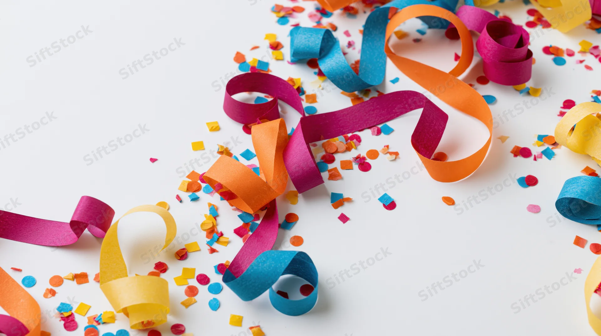Colorful paper streamers and confetti scattered on a white surface