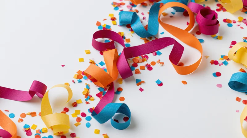 Colorful paper streamers and confetti scattered on a white surface