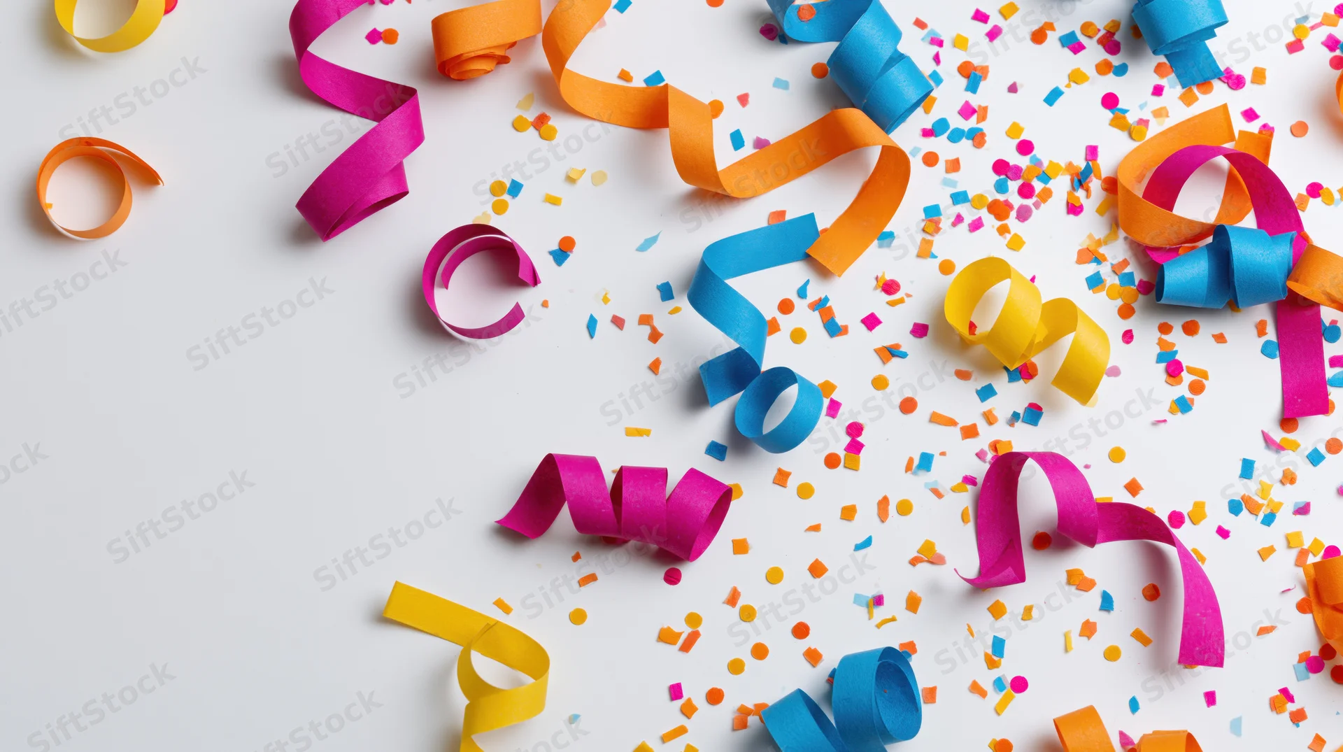 Colorful paper streamers and scattered confetti pieces arranged on white surface with copyspace