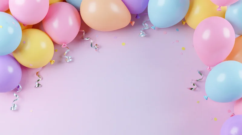 Colorful party balloons and streamers arranged in a border around a pastel pink surface with copyspace