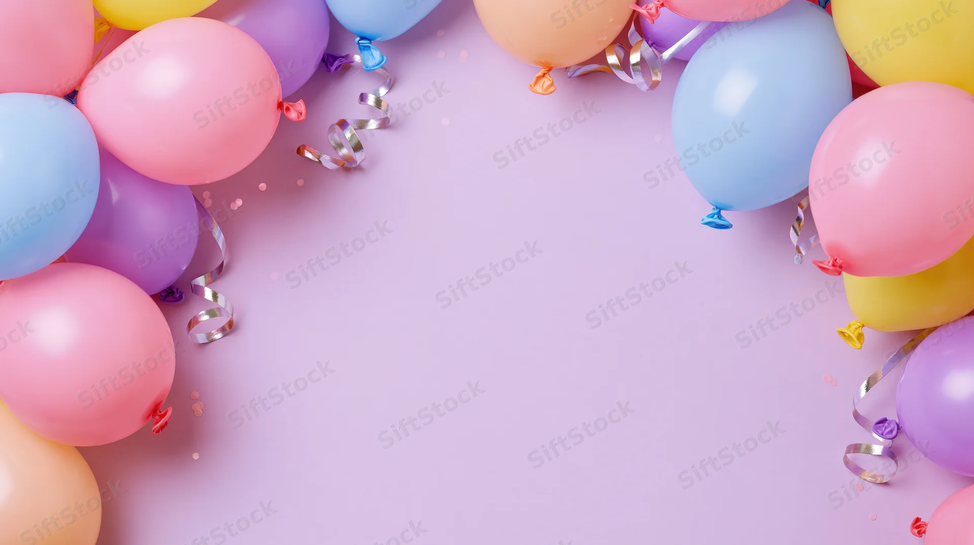 Colorful balloons and streamers arranged in a frame on a pastel surface with copyspace