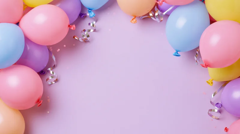 Colorful balloons and streamers arranged in a frame on a pastel surface with copyspace