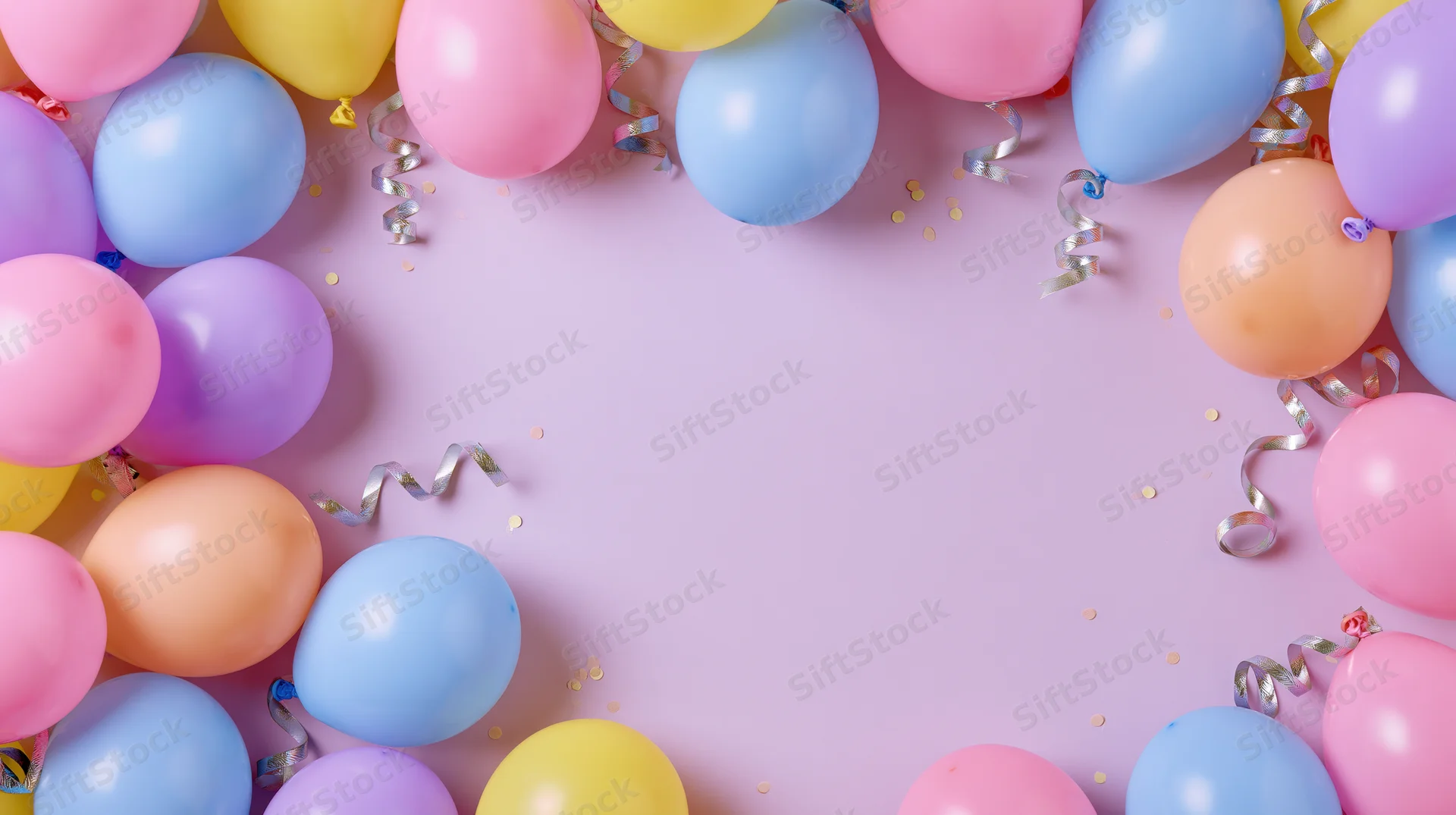Colorful balloons and streamers arranged in a frame around a pastel pink surface with copyspace
