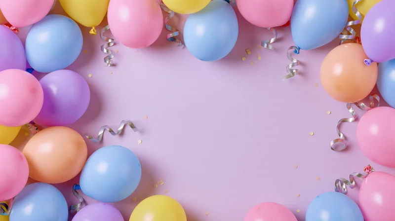 Colorful balloons and streamers arranged in a frame around a pastel pink surface with copyspace
