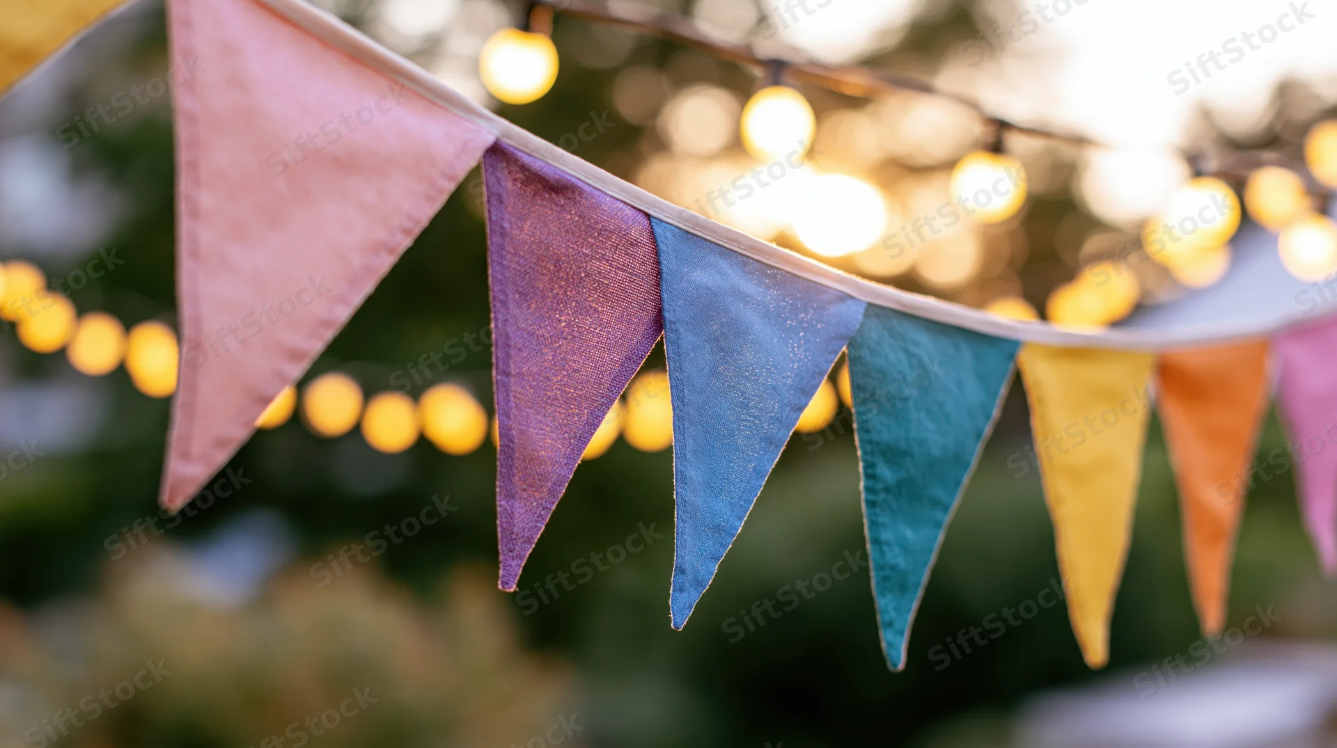 Colorful triangular fabric bunting flags strung on a line with warm string lights in the background