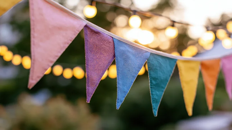 Colorful triangular fabric bunting flags strung on a line with warm string lights in the background