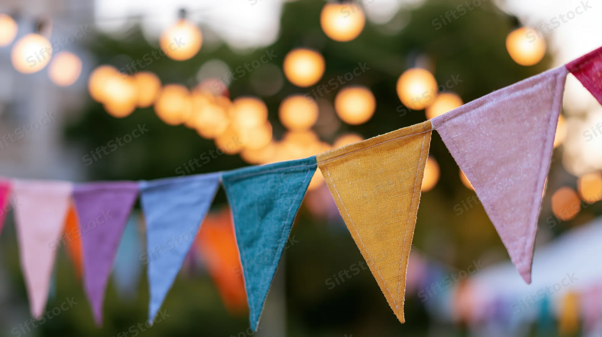 Colorful triangular fabric bunting flags strung on a line outdoors at twilight with warm string lights in the background