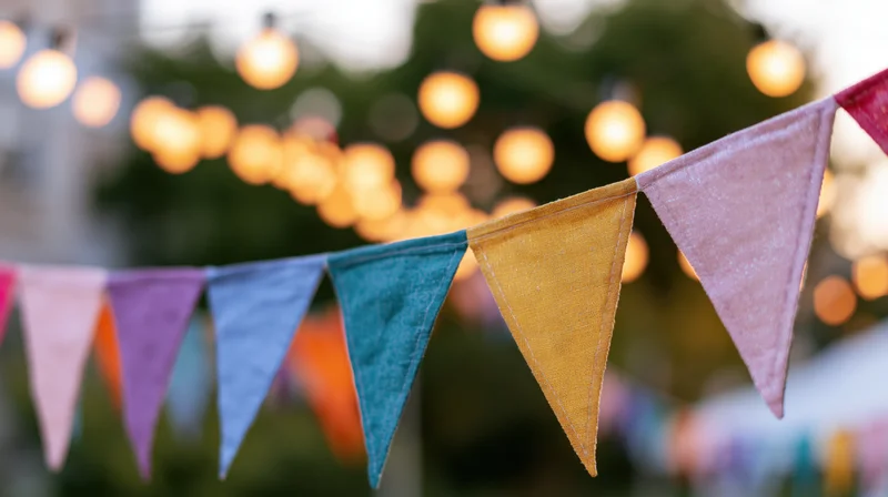Colorful triangular fabric bunting flags strung on a line outdoors at twilight with warm string lights in the background
