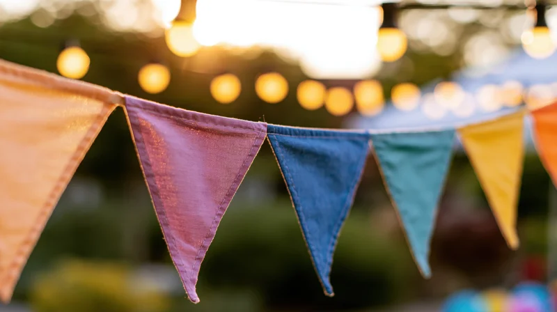 Colorful triangular fabric bunting flags strung on a line outdoors at sunset with string lights in the background