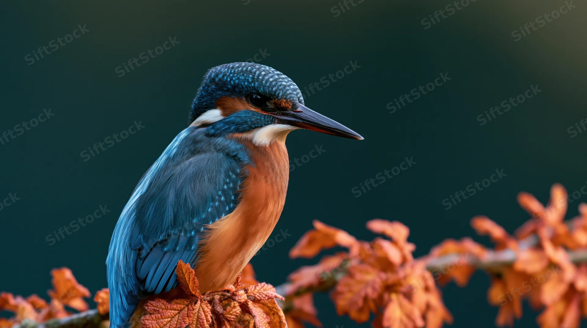 Kingfisher perched on a branch with rust-colored autumn leaves