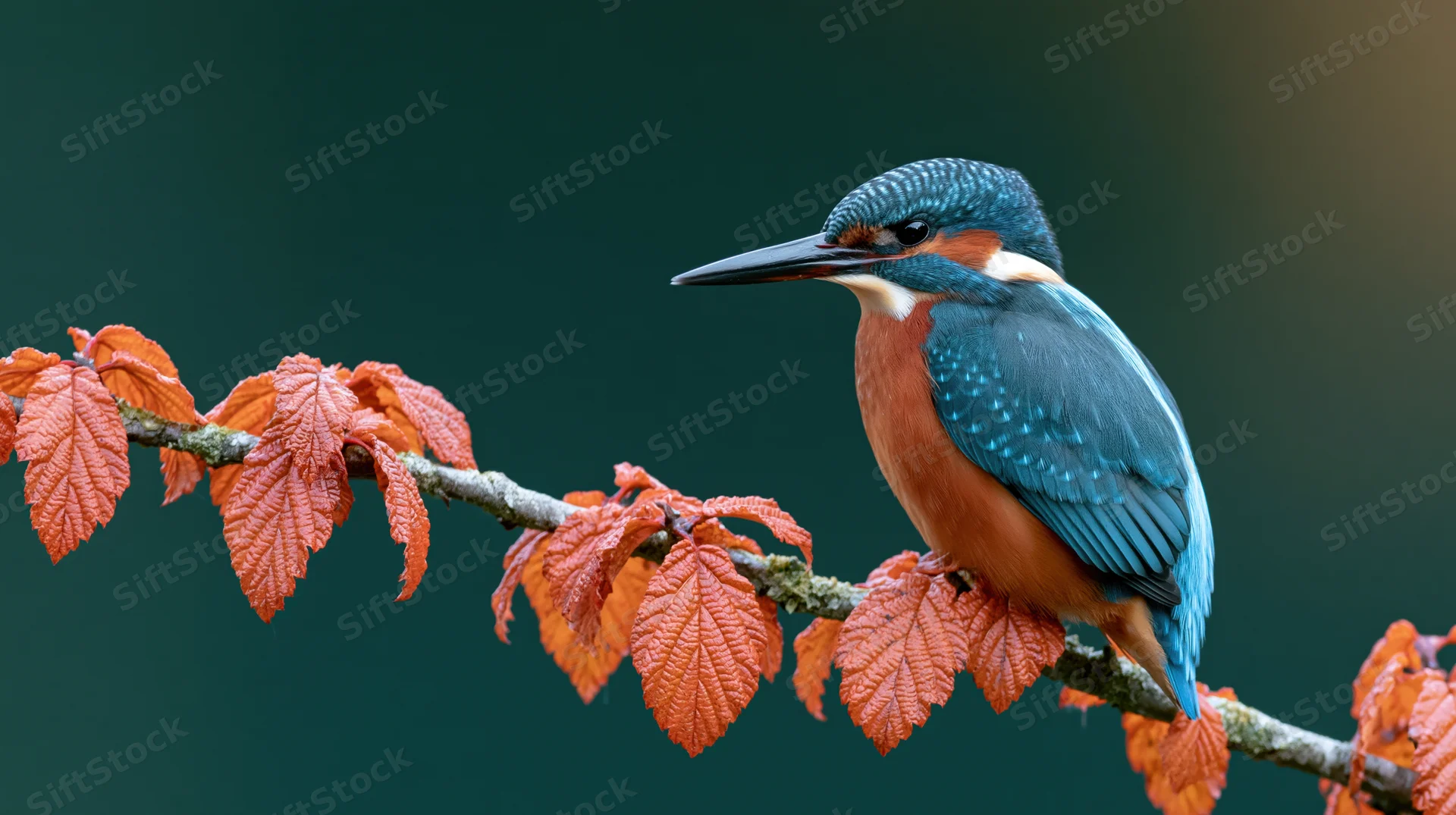 Kingfisher perched on a branch with orange autumn leaves against a dark green background