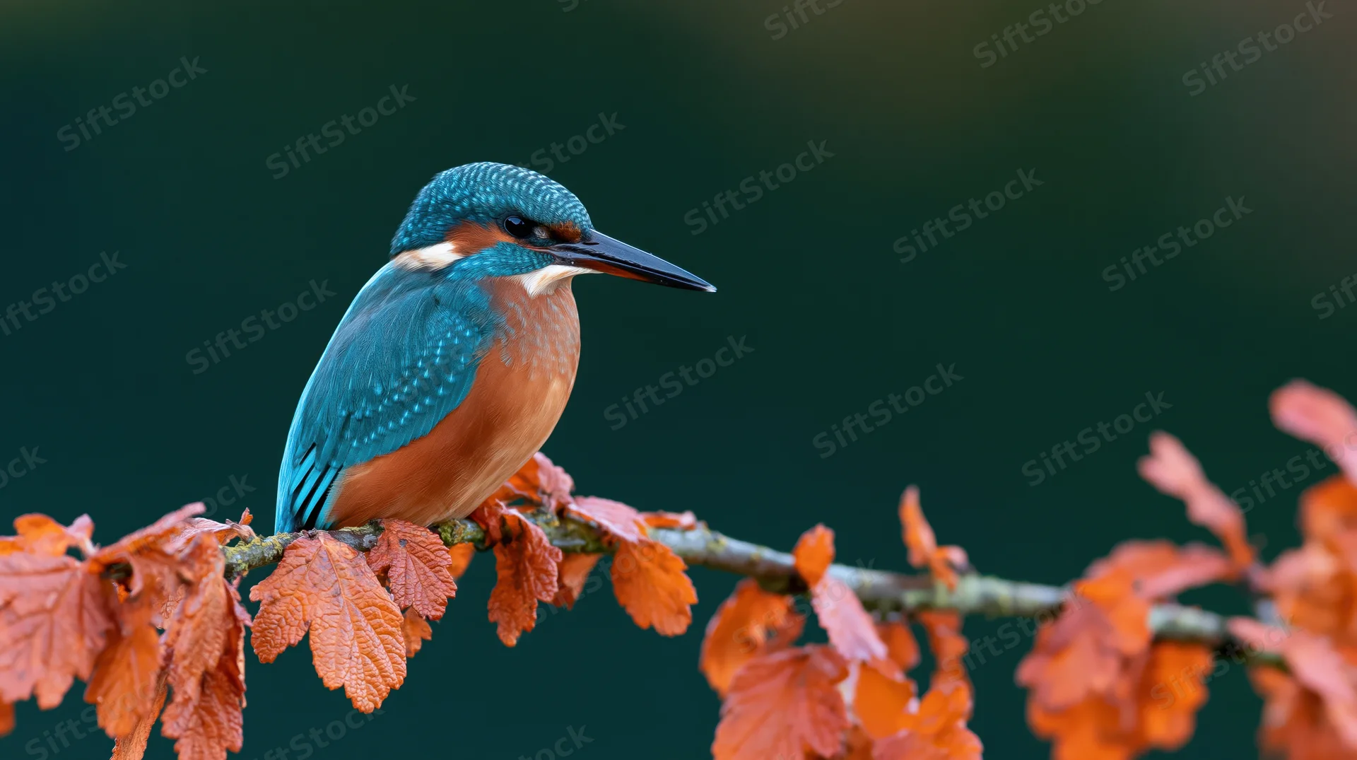 Kingfisher perched on a branch with rust-colored autumn leaves