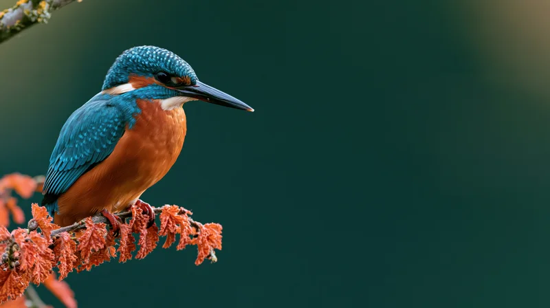 Kingfisher perched on a branch with rust-colored leaves against a dark green background