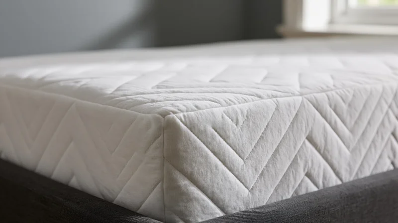 Corner of a white quilted mattress on a dark grey bed in a bedroom